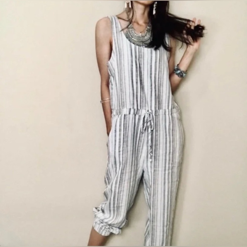 Anthropologie DREW Boho Lagen Look Linen Blend Striped Jumpsuit Size L